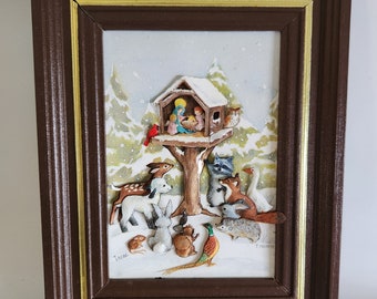 Vintage Christmas Holiday Scene with Woodland Creatures Observing 1988