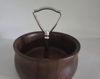 Vintage MCM 1960s Walnut Appetizer Bowl with Metal Handle