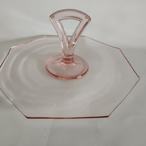 Vintage Depression Glass Pink Octagon Tidbit Sandwich Serving Tray