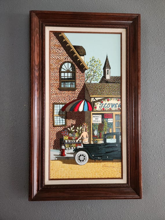Vintage Large H. Hargrove Oil Canvas Painting Reproduction Street Scene Flower Shop Art