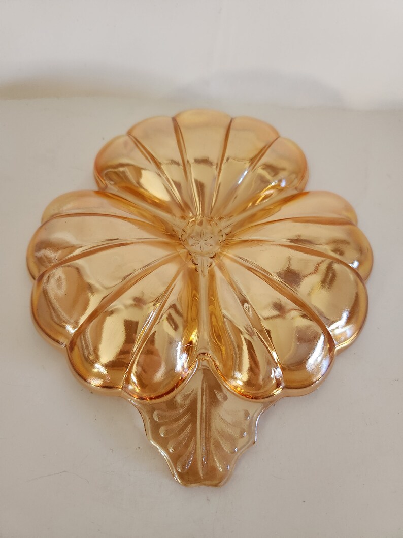Vintage Jeanette Marigold Carnival Iridescent Glass Cloverleaf Dish Trinket Tray Nut Dish image 2