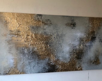 SAQQARA - Textured acrylic art canvas painting in beige, grey and metallic gold