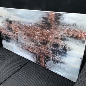 COPPER SCORE Textured acrylic art canvas painting in light grey and metallic copper image 4