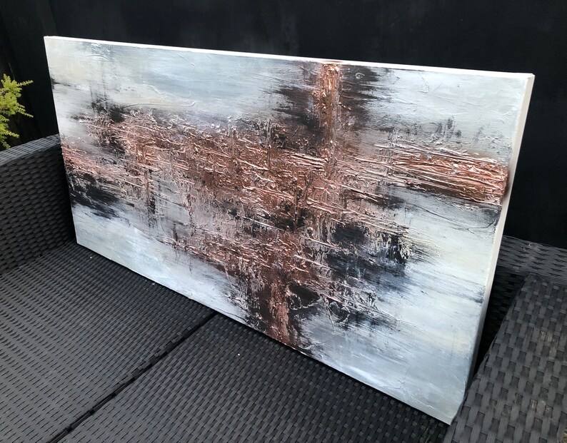 COPPER SCORE Textured acrylic art canvas painting in light grey and metallic copper image 4