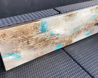 DENDERA - Textured abstract acrylic art in stone and turquoise with metallic gold