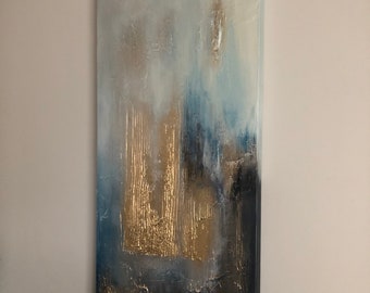 ASCENSION - Textured wall art canvas painting in blues,’greys and metallic gold