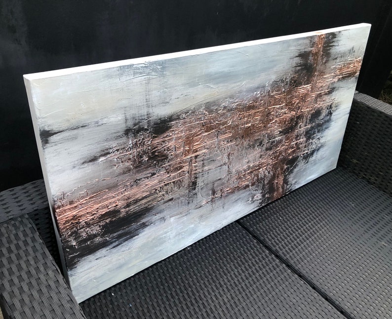 COPPER SCORE Textured acrylic art canvas painting in light grey and metallic copper image 2