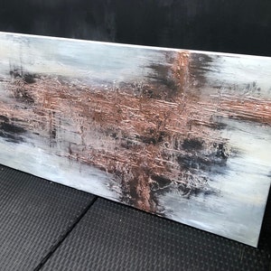 COPPER SCORE Textured acrylic art canvas painting in light grey and metallic copper image 6