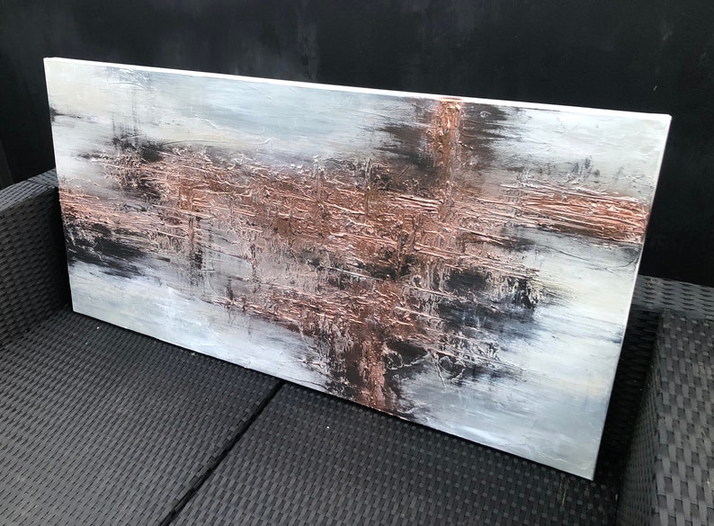 COPPER SCORE Textured acrylic art canvas painting in light grey and metallic copper image 6