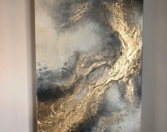 DUST STORM - Limited edition textured art canvas painting in shades of grey, creamy white and metallic gold