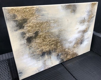 AMARNA - Limited edition textured acrylic art canvas painting in beige and metallic gold