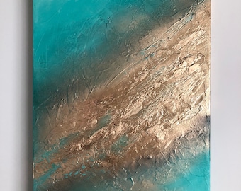 ETHEREAL - A stunning mixed media textured art canvas in jade green and metallic gold 51x76x4cm