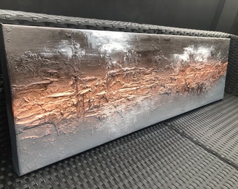 CRUCIBLE - Industrial style mixed media textured art canvas art in greys and metallic copper (102x30x4cm)