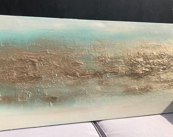 ELYSIUM - Unique mixed media textured wall art painting in shades of jade green, beige / soft grey and metallic gold.