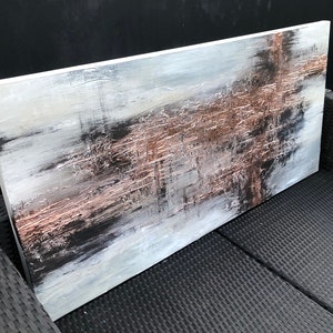 COPPER SCORE Textured acrylic art canvas painting in light grey and metallic copper image 1