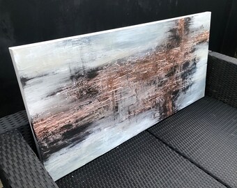 COPPER SCORE - Textured acrylic art canvas painting in light grey and metallic copper