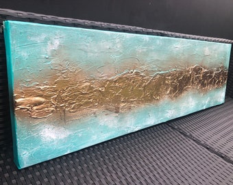 BEACH CHIC - A striking mixed media textured art canvas in weathered turquoise and metallic gold