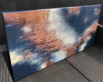 CEDAR MESA - Textured art acrylic canvas painting in navy, off white and metallic copper