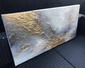 TEMPEST - Striking textured art canvas painting in gold, beige and grey.