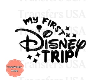 May include: Black and white graphic design with the text "My First Disney Trip" in a stylized font. The design includes a hot air balloon, stars, and the Disney logo.