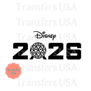Puede incluir: Diseño gráfico en blanco y negro con el logotipo de Disney encima de la palabra "2026". El número "2" está a la izquierda, con una esfera geométrica en el centro y el número "6" a la derecha. La imagen también incluye el texto "Transfers USA Design".