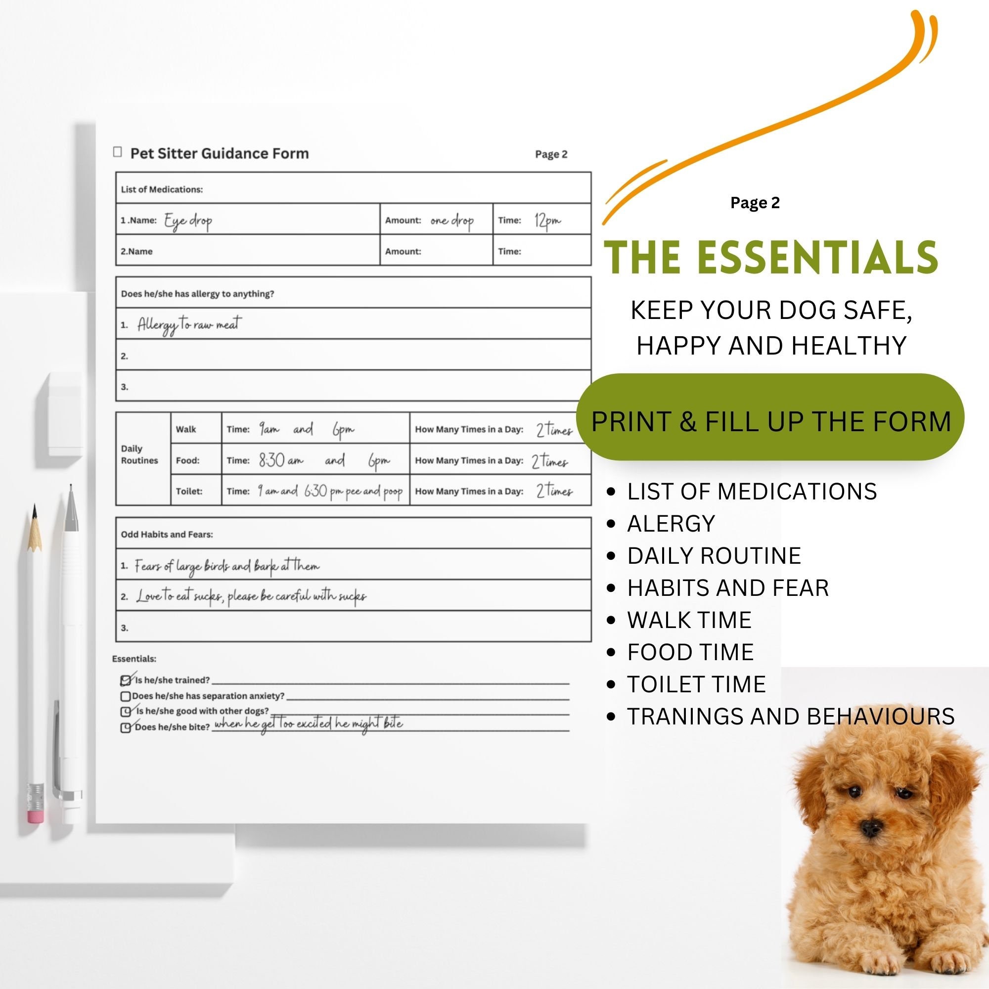 Dog Sitter Instructions Printable Pet Sitter Template - Etsy