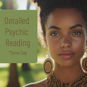 May include: A woman with dark skin and curly hair is the focus of this image. She wears large, circular earrings and a beaded necklace. A green sign in the background reads "Detailed Psychic Reading *Same Day."