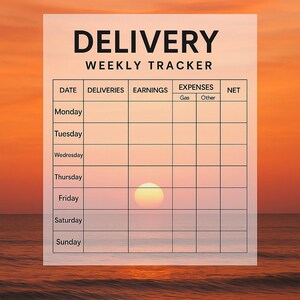 Puede incluir: Un rastreador de entregas semanales con la palabra "DELIVERY" en la parte superior. El rastreador incluye secciones para la fecha, las entregas, las ganancias, los gastos (gas, otros) y el neto. El fondo es una puesta de sol sobre el océano.