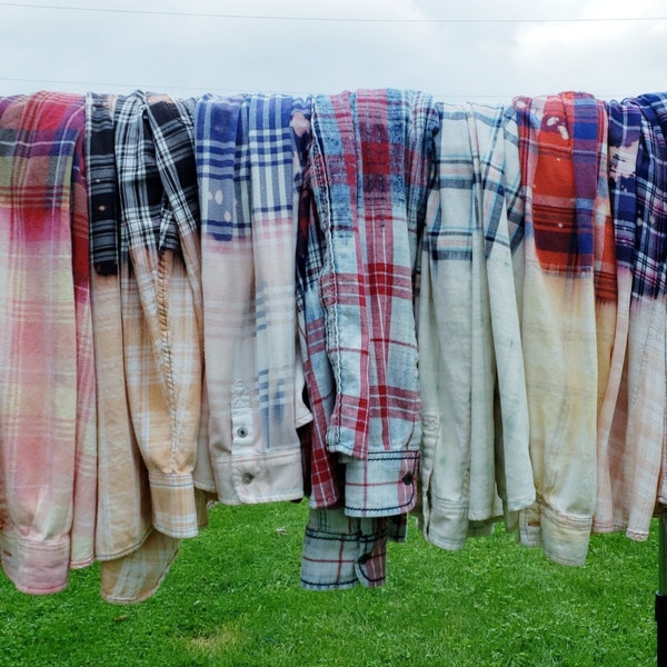 Distressed Half Bleached Flannels / Vintage 90s Distressed Flannel / Rustic Boho Grunge Acid Washed Shirt / Plaid Shirt Upcycled Fall Shirt