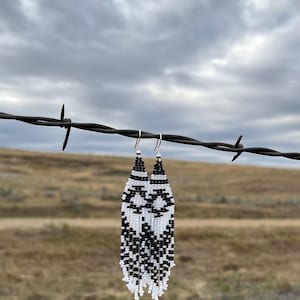 May include: A pair of black and white beaded earrings hanging from a barbed wire fence against a cloudy sky.