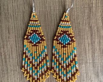 Turquoise /tan /white /native style/boho/western jewelry /Aztec earrings/ beaded earrings/handmade earrings/tassel earrings/long beaded earr