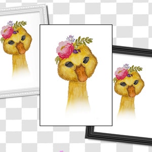 Watercolor Duck Canvas Print 5x7in / 8x11in, Handmade Watercolor, Yellow Duck, Flower Tiara, Duckling Painting