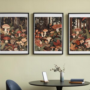 Whimsical Forest Mushroom Print Set | Cottagecore Botanical Wall Art | Autumn Woodland Decor