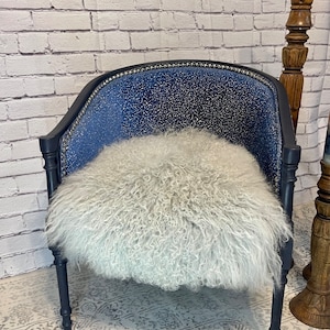 SOLD: EXAMPLE WORK* Do not purchase* “Sweet Dreams” Blue and Silver Upolstered Barrel Chair with Mongolian Lamb Fur