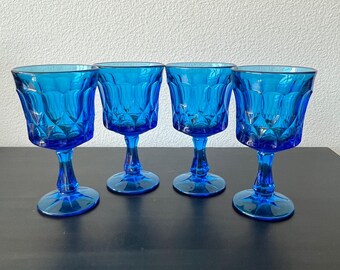 Noritake Perspective Blue Water Goblet Wine Glass // Set of 4 // Vintage 1970s