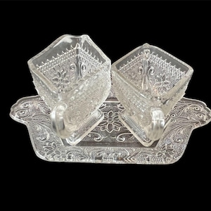 Indiana Glass Creamer & Sugar Set with Tray // Sandwich Pattern // Vintage Pressed Glass