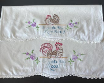 Vintage Embroidered "Rule the Roost" Pillowcases // Set of 2 // Crochet Trim // 28" x 21"