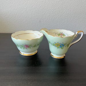 Mint Green Floral Sugar & Creamer Set // Delphine China England // Floral Design