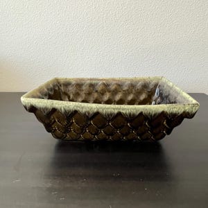Vintage Hull Pottery Rectangular Planter F45 // Mossy Green Brown Drip Glaze // Scalloped Design