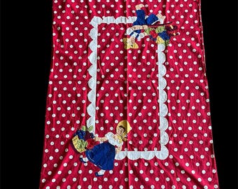 Vintage Red Polka Dot Tablecloth // Appliqued Boy & Girl Farmers // Hand Stitched // 48" x 34"