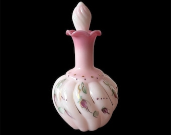 Fenton Pink Rosalene Perfume Bottle // Handpainted Roses // Spiral Stopper // With Sticker // Vintage 1998