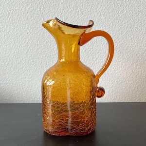 1960s Amber Crackle Glass Pitcher // Rainbow Glass Co // 8&quot; Vintage Hand Blown Vase