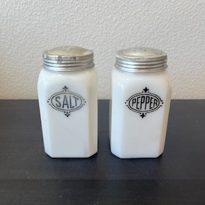 Hazel Atlas Milk Glass Salt & Pepper Shakers // Original Lids // Vintage 1940s