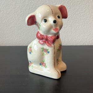 Vintage Ceramic Dog Planter // Made in Occupied Japan // Floral Design & Pink Bow