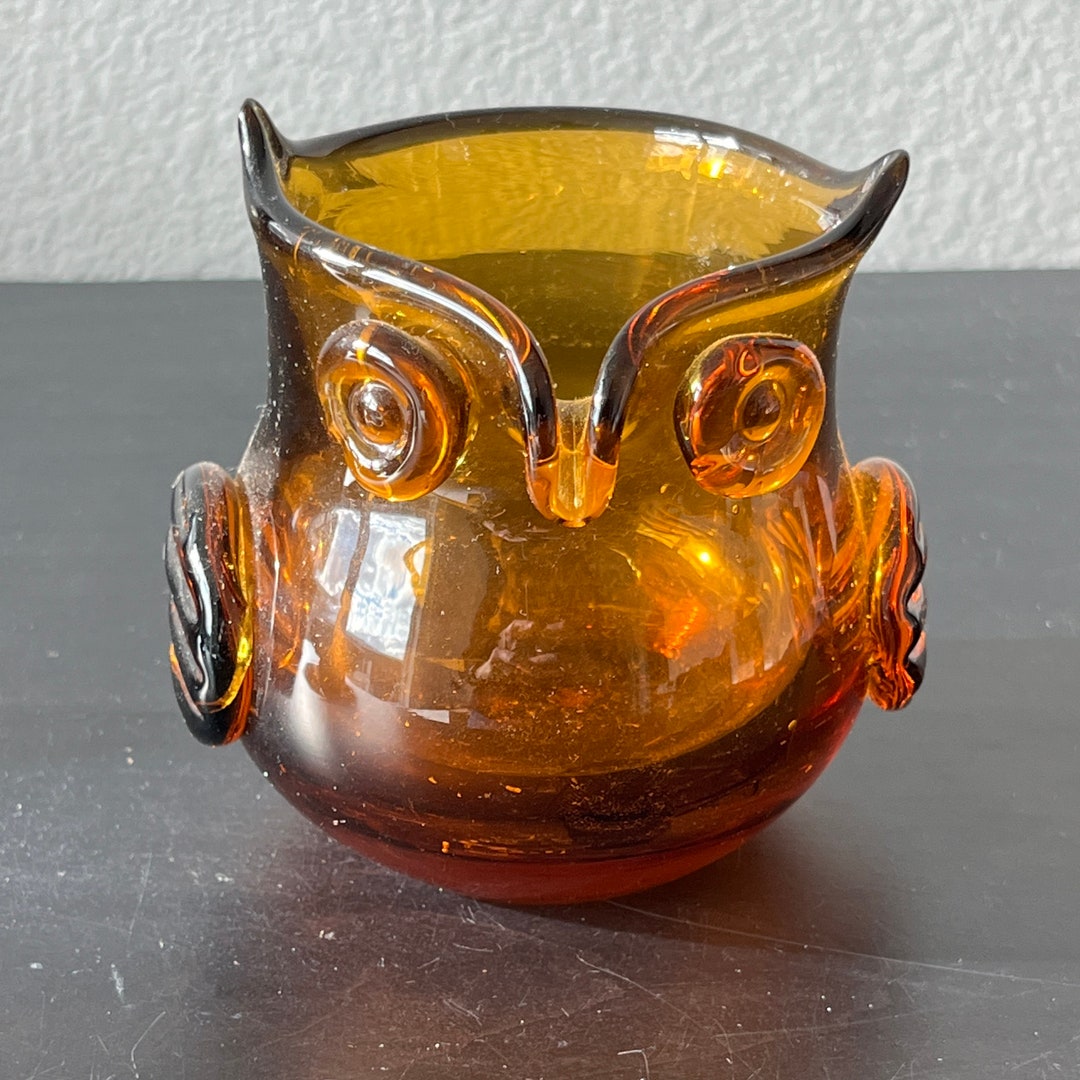 Vintage Amber Glass Owl Candle Holder // Handblown Owl Etsy