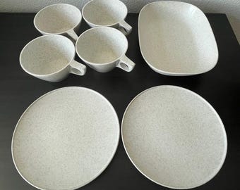 Vintage Texas Ware Speckle Melmac-gerechten // Serveerschaal, 4 kopjes, 2 saladedessertborden // Grey Speckle