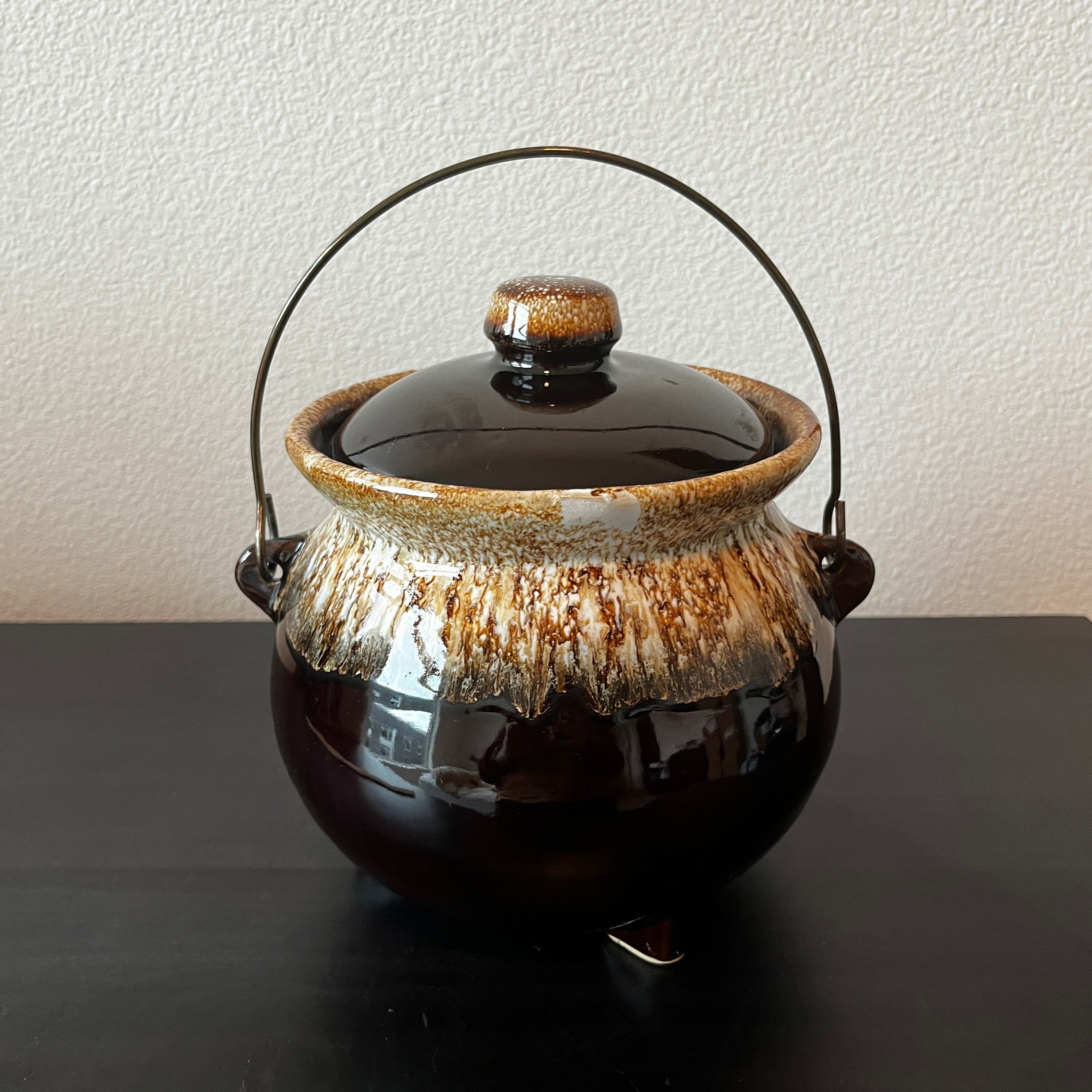 Vintage Brown Drip Glaze Bean Pot // Made in USA // Metal Etsy
