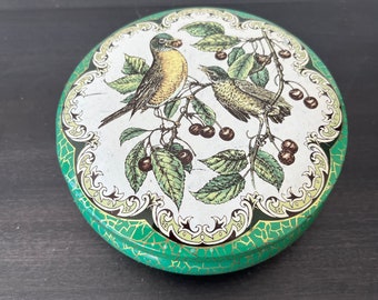 Vintage Daher Round Tin With Birds // Green & Gold Design // Made in England