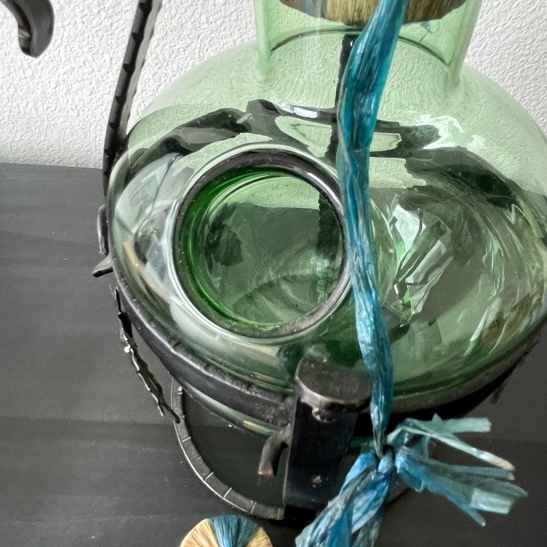 Vintage Green Glass Wine Decanterchiller // Wrought Iron Tilting Holder