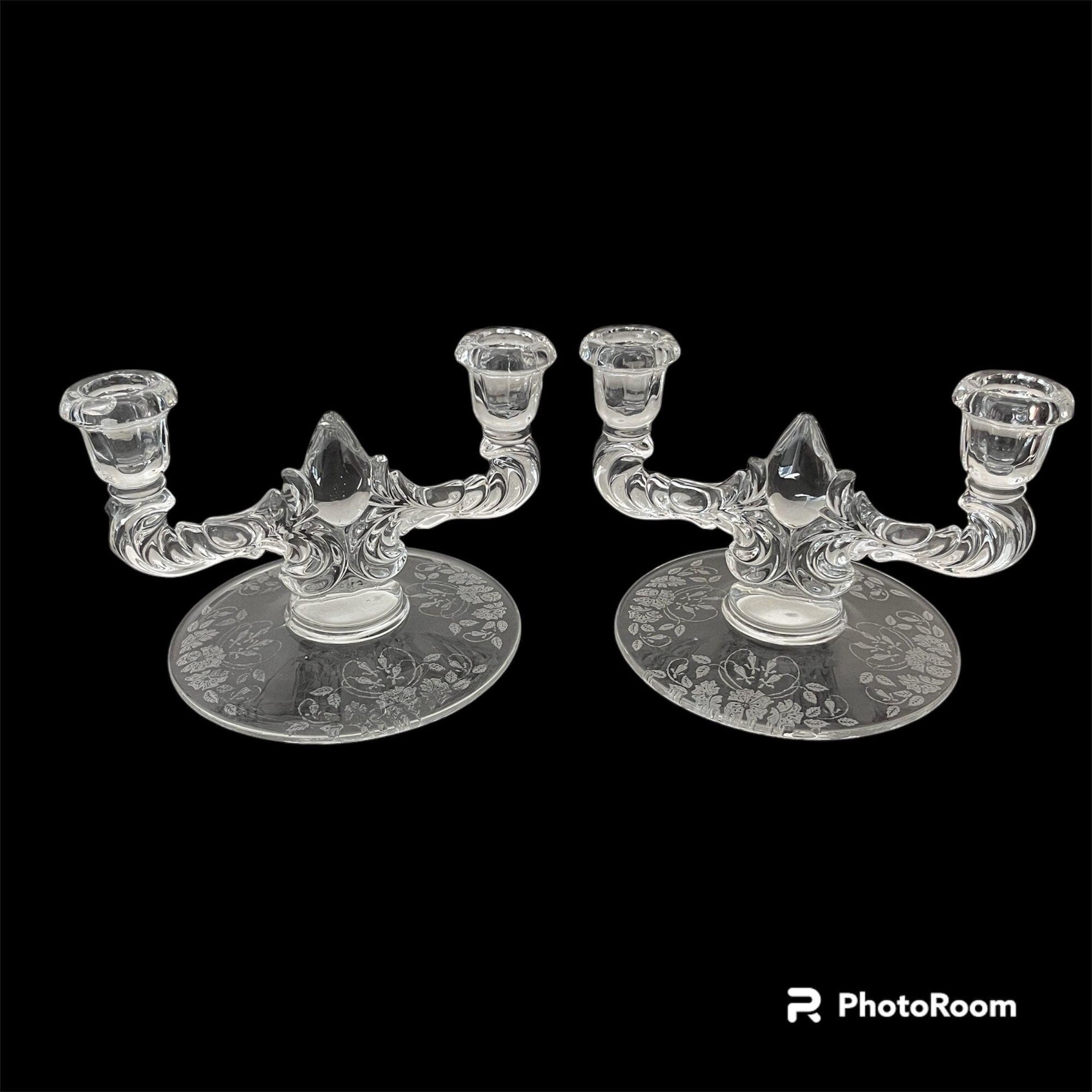 Vintage Martinsville Teardrop Candleholders // Etched Glass Taper Holders // Vintage 1940s